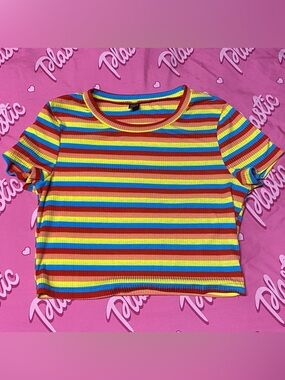 NWOT SHEIN Stripe Pastel Rainbow Too Tshirt Crop Shirt Y2K Casual Loungewear